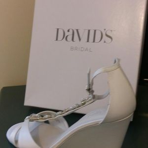 David’s Bridal satin wedges Ivory crystal t strap